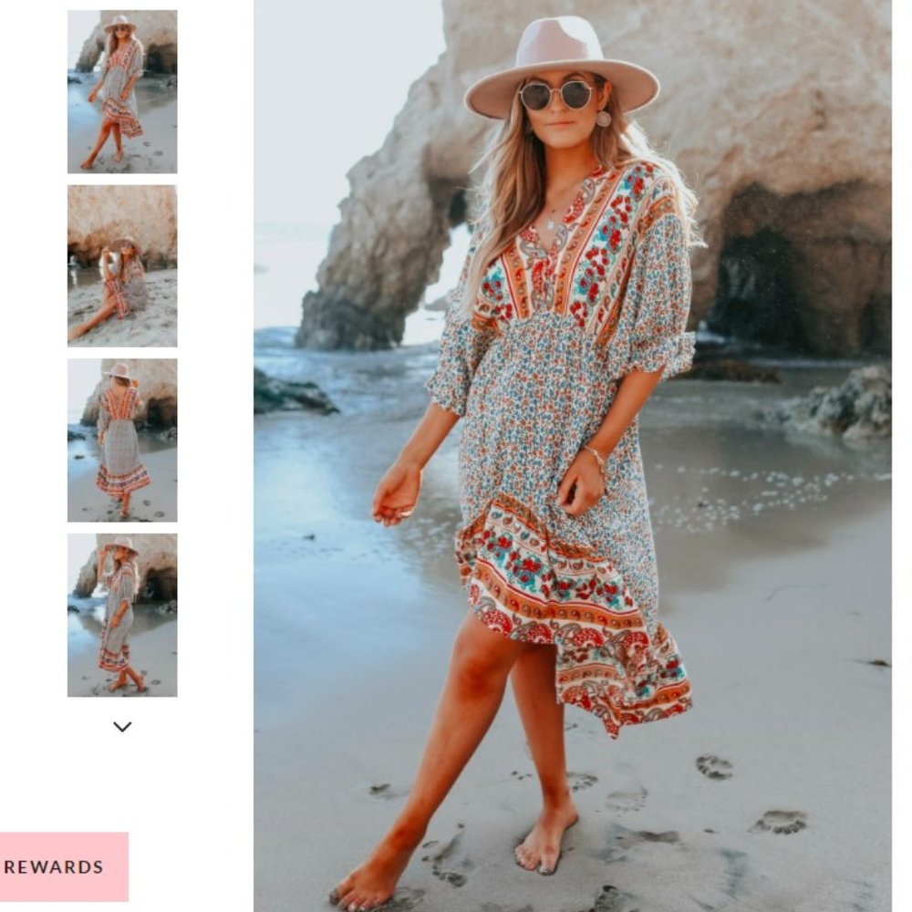 Umgee Cream Boho Floral Asymmetrical Midi Dress with Rust & Teal Accents